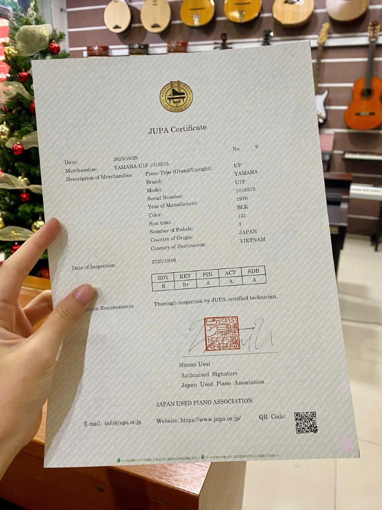 Giấy kiểm định Jupa cho đàn piano cơ